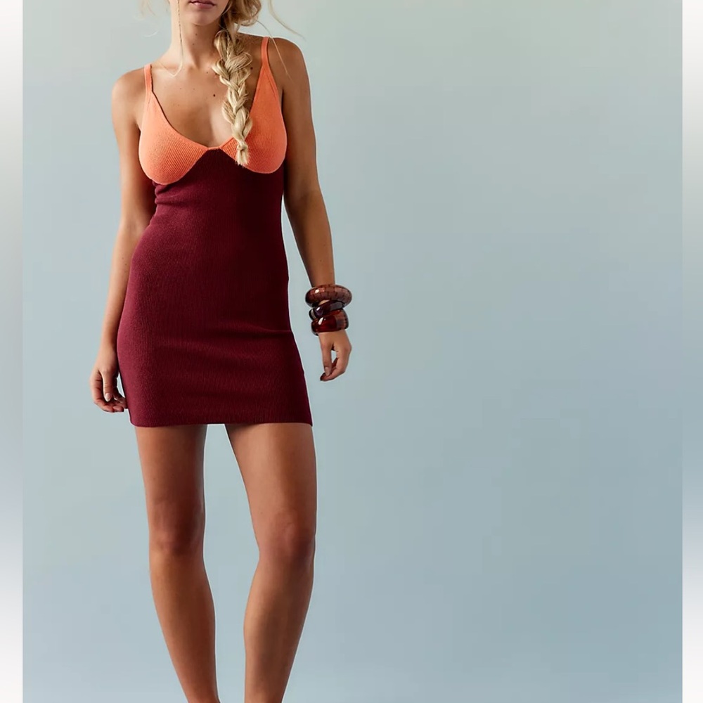 NWT Free People Coral and Maroon Combo Tierra Sweater Mini Dress Size Small